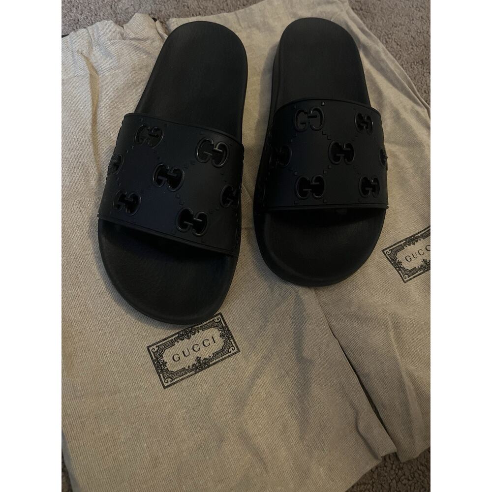 Gucci Rubber GG Logo Pursuit Slides Sandals Black Women’s Size 41 Authentic - Picture 3 of 10